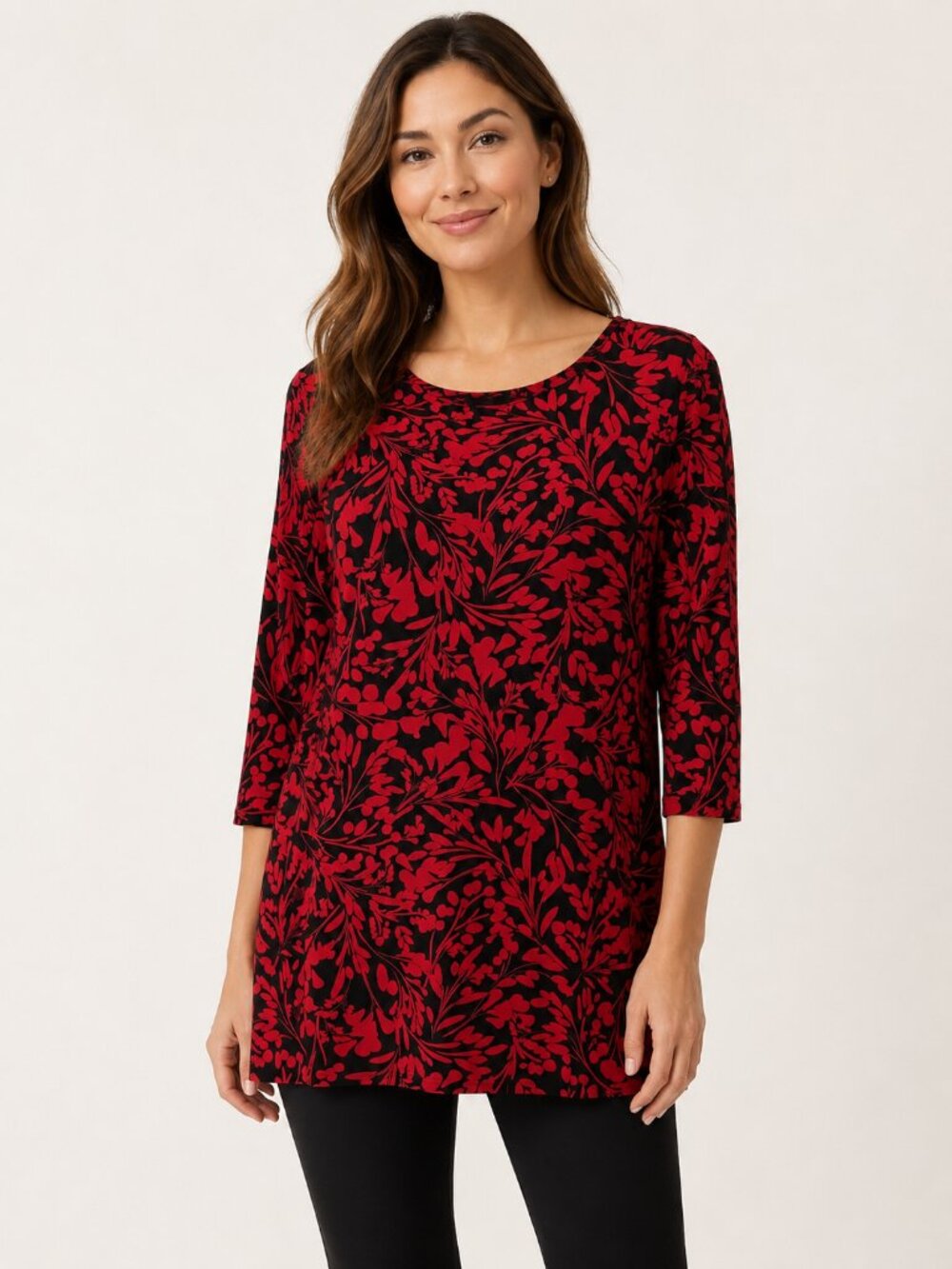 Women's Red & Black Floral Print Tunic Top Size 2X Stretch 3/4 Sleeve Swing